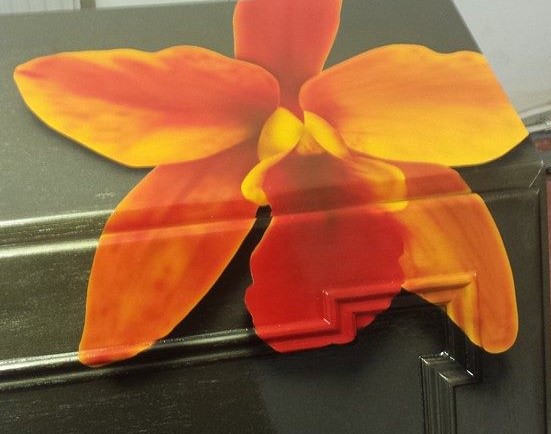 Airbrushed Painting of a Flower Writing Desk with orange dafodil design close up